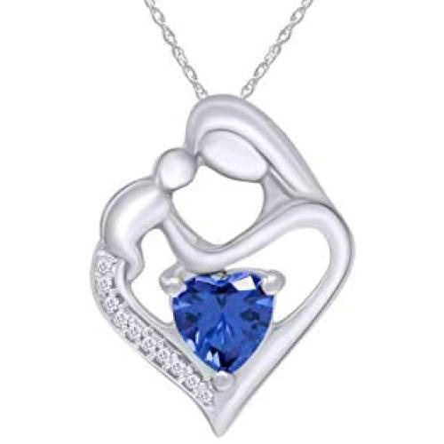 Jewel Zone US Simulated Birthstone & White Natural Diamond Accent Mother & Child Heart Pendant Necklace in 14k White Gold Over Sterling Silver (1 1/10 Cttw)