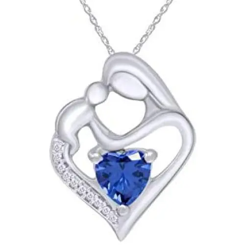 Jewel Zone US Simulated Birthstone & White Natural Diamond Accent Mother & Child Heart Pendant Necklace in 14k White Gold Over Sterling Silver (1 1/10 Cttw)