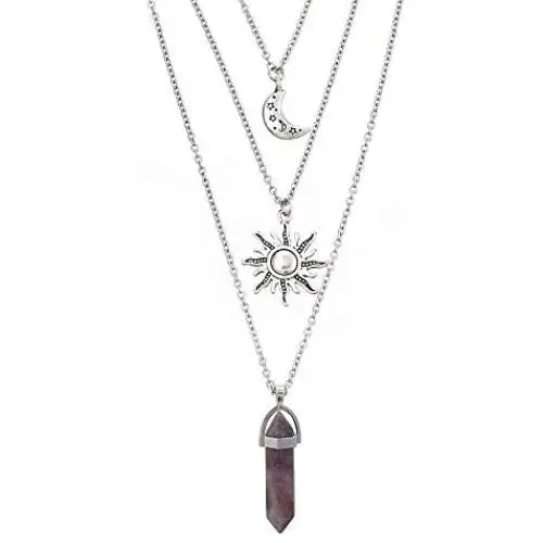 MJartoria Gothic Necklaces Chakra Sun and Moon Charm Pendant Multlayered Alloy Chain Choker Necklace Set Gothic Jewelry