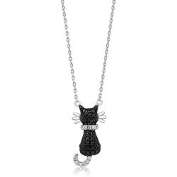 Gem Stone King 925 Sterling Silver Round Zirconia Sitting Black Cat Pendant Necklace On 18 Inch 925 Sterling Silver Chain