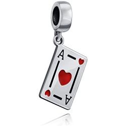 Travel Vacation Good Luck Casino Ace Of Hearts Poker Player Cards Dangle Charm Bead Red Heart Enamel .925 Sterling Silver Fits European Bracelet