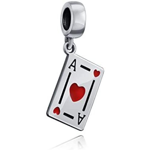Travel Vacation Good Luck Casino Ace Of Hearts Poker Player Cards Dangle Charm Bead Red Heart Enamel .925 Sterling Silver Fits European Bracelet