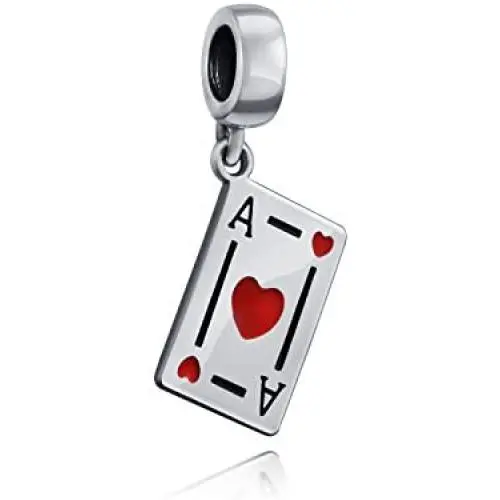 Travel Vacation Good Luck Casino Ace Of Hearts Poker Player Cards Dangle Charm Bead Red Heart Enamel .925 Sterling Silver Fits European Bracelet