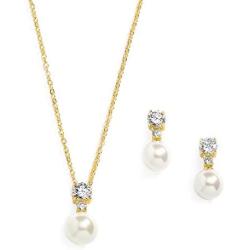 Mariell Gold CZ & Ivory Pearl Wedding Necklace and Earrings Jewelry Set for Bridesmaids & Brides