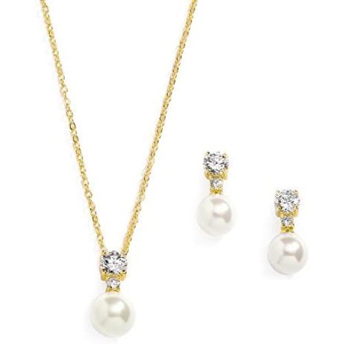 Mariell Gold CZ & Ivory Pearl Wedding Necklace and Earrings Jewelry Set for Bridesmaids & Brides