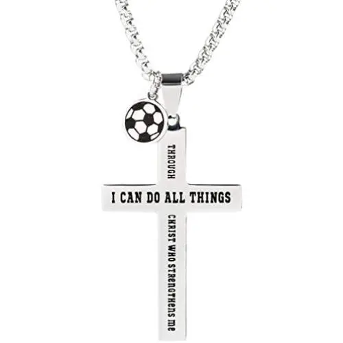 Palterwear Sport Necklace for Boys and Teens - Stainless Steel Pendant with Ball Charm and Inspirational Text (Soccer)