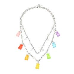 Denifery Colorful Gummy Little Bear Hook Design Chain Layered Star Pendant Dangle Necklace Choker Colorful Cartoon Resin Candy Cute Jewelry Set for Women Girls