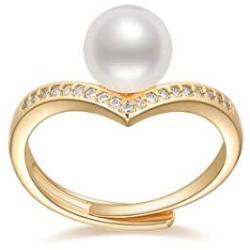 DENGGUANG Pearl Rings Adjustable Freshwater Cultured Pearl Open Ring with Cubic Zirconia Jewelry Gift for Women Girls Wife