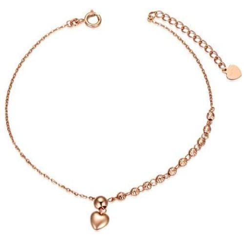 Real 18K Rose Gold Heart Bracelet with Beads Christmas Anniversary Women Jewelry Gifts for Her, Wife, Mother, 6.3''+1.2''