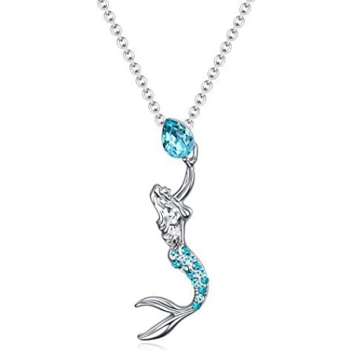 luomart Girls Mermaid Pendant Necklaces Jewelry Gift White Gold Plated Austrian Crystal Birthstone Women Teens