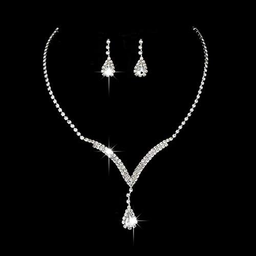 Yikisdy Bride Wedding Necklace Earrings Set Silver Crystal Jewelry Sets Bridal Neck Chain Jewelry Rhinestone Pendant Necklace Accessories Gifts for Women and Girls (Set of 3, 1 necklace and 2 earrings)