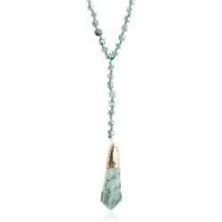 RIAH FASHION Bohemian Pendant Long Beaded Statement Necklace - Sparkly Crystal, Natural Stone Quartz Charm, Boho Wood Bead Long Chain Wrap Y Lariat