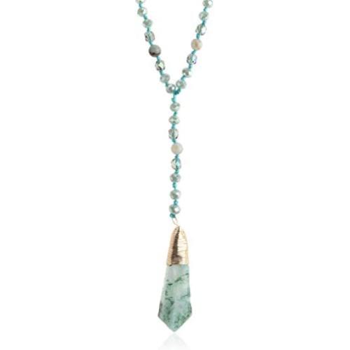 RIAH FASHION Bohemian Pendant Long Beaded Statement Necklace - Sparkly Crystal, Natural Stone Quartz Charm, Boho Wood Bead Long Chain Wrap Y Lariat