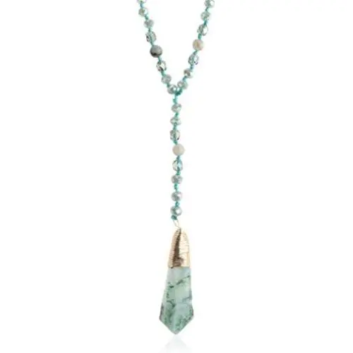 RIAH FASHION Bohemian Pendant Long Beaded Statement Necklace - Sparkly Crystal, Natural Stone Quartz Charm, Boho Wood Bead Long Chain Wrap Y Lariat