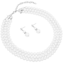 Rosemarie Collections Womens Multi Strand Classic 8mm Faux Pearl Necklace and Earrings Jewelry Set, 16''-19'' with 3'' Extender