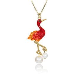 superchic Elegant Red/Blue/White Crane Bird Pearl Necklace with Fine Chain, Colorful Austrian Crystals and White Pearls in Gold/Rhodium Plated Lead-Free Tin-Alloy Metal