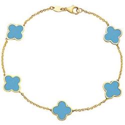 14K Solid Yellow Gold and Turquoise Bracelet with 5 Clover Motifs. 7 inch bracelet