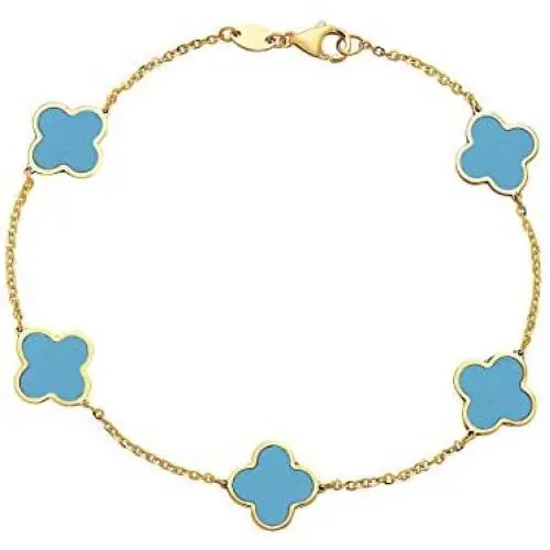 14K Solid Yellow Gold and Turquoise Bracelet with 5 Clover Motifs. 7 inch bracelet