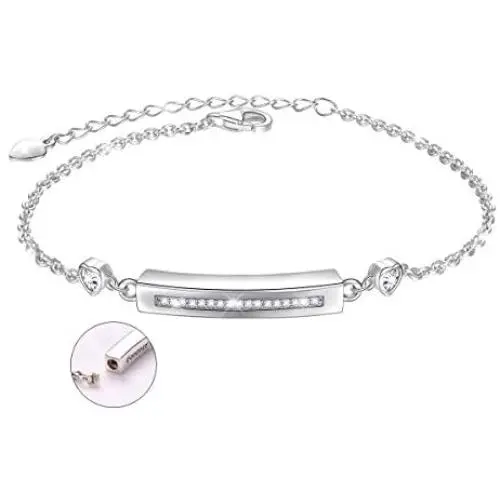 Sterling Silver Forever in My Heart CZ Cremation Urn Locket Memorial Ashes Holder Bangle Urn Keepsake Bracelet 7+2''