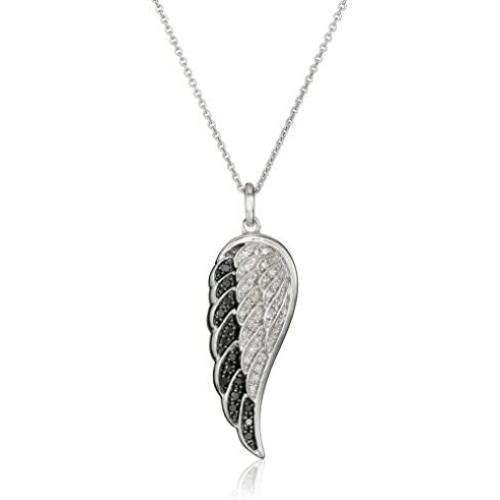 Sterling Silver Black and White Diamond Angel Wing Pendant Necklace (1/5 cttw), 18''