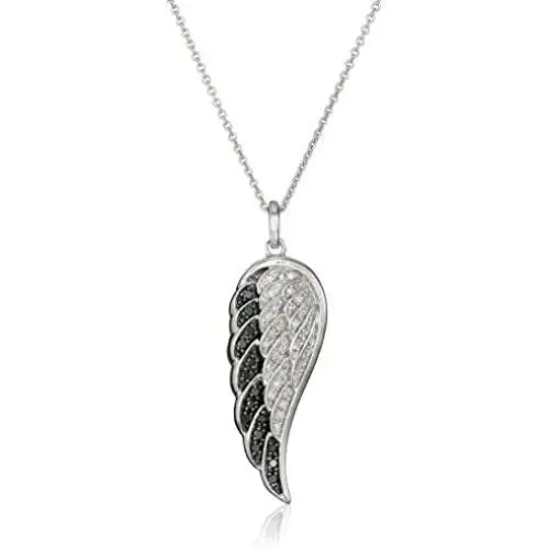 Sterling Silver Black and White Diamond Angel Wing Pendant Necklace (1/5 cttw), 18'' Sterling Silver Black and White Diamond Angel Wing Pendant Necklace (1/5 cttw), 18''