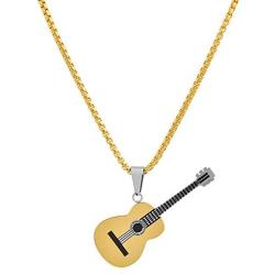 Magna Steel Mens Stainless Steel Acoustic Guitar Music Charm Pendant Necklace with 24'' Rolo Chain