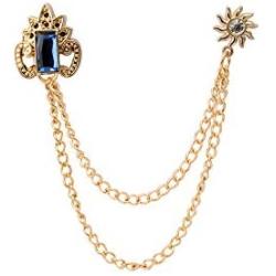 Knighthood Crowned Blue Stone with Hanging Chain Brooch/Collar Pin/Lapel Pins Golden