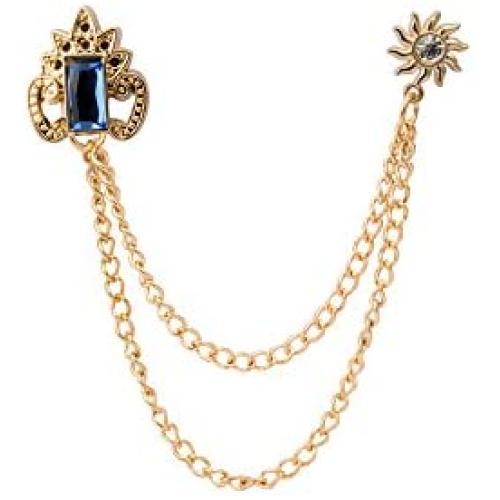 Knighthood Crowned Blue Stone with Hanging Chain Brooch/Collar Pin/Lapel Pins Golden