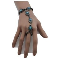 TFJ Women Fashion Jewelry Hand Chain Metal Bracelet Slave Ring Turquoise Blue Ethnic Antique Silver