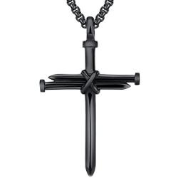 LineAve Mens Stainless Steel Nail and Rope Cross Pendant Necklace