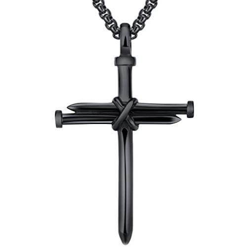 LineAve Mens Stainless Steel Nail and Rope Cross Pendant Necklace