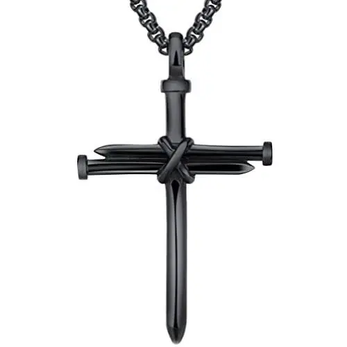 LineAve Mens Stainless Steel Nail and Rope Cross Pendant Necklace LineAve Mens Stainless Steel Nail and Rope Cross Pendant Necklace