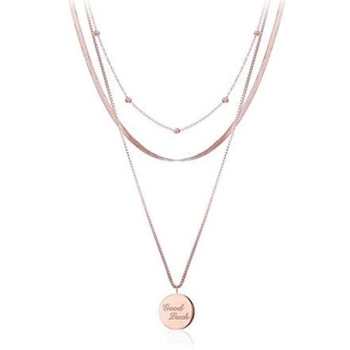 Daesar Stainless Steel Necklace for Women Circle Gold Tag Mecklace 3 Layers Clavicle Chain Necklace Rose Gold Birthday Gift