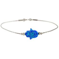 Hamsa Bracelet Multi Color Created Opal Charm Judaica Kabbalah Evil Eye Hand Sterling Silver Chamsa Bracelet