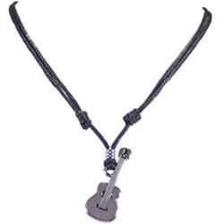 BlueRica Guitar Pendant on Adjustable Black Rope Cord Necklace (Chrome Finish)