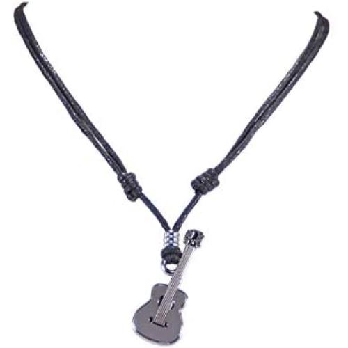 BlueRica Guitar Pendant on Adjustable Black Rope Cord Necklace (Chrome Finish)