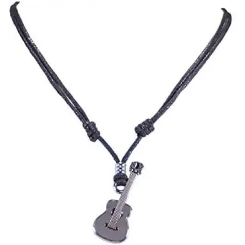 BlueRica Guitar Pendant on Adjustable Black Rope Cord Necklace (Chrome Finish) BlueRica Guitar Pendant on Adjustable Black Rope Cord Necklace (Chrome Finish)