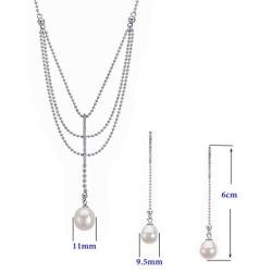 Real 925 Sterling Silver with White Drop-Shape Natural Fresh Water Cultured Pearl Necklace & Dangle Earrings Set