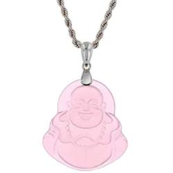 Laughing Buddha Light Pink Jade Pendant Necklace Rope Chain Genuine Certified Grade A Jadeite Jade Hand Crafted, Pink Jade Necklace, 14k White Gold Finish Laughing Jade Buddha Necklace, Pink Jade Medallion Silver Rope Chain Necklace, Mens Jewelry, Buddha 