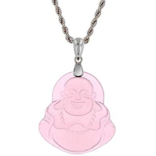 Laughing Buddha Light Pink Jade Pendant Necklace Rope Chain Genuine Certified Grade A Jadeite Jade Hand Crafted, Pink Jade Necklace, 14k White Gold Finish Laughing Jade Buddha Necklace, Pink Jade Medallion Silver Rope Chain Necklace, Mens Jewelry, Buddha 