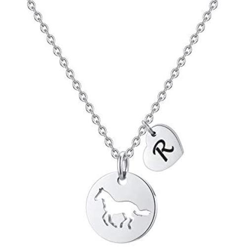 MONOOC Horse Necklace for Girls, Horse Charm Necklace Stainless Steel Heart Initial Necklace Horse Gifts for Girls, Horse Jewelry Girls Horse Necklace 26 Initial Letter Necklace for Girl