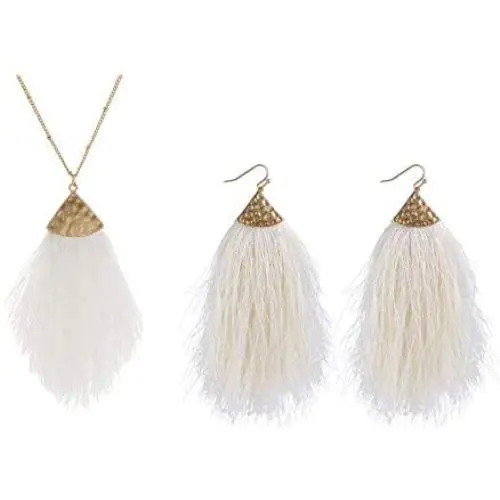 1 Set Bohemian Silky Thread Fan Fringe Tassel Statement Earrings Necklace Lightweight Strand Feather Shape Dangles Earrings Necklace for Women Girls Anniversary Holiday Jewelry Gift 1 Set Bohemian Silky Thread Fan Fringe Tassel Statement Earrings Necklace Lightweight Strand Feather Shape Dangles Earrings Necklace for Women Girls Anniversary Holiday Jewelry Gift