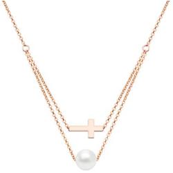 ZHQI Cross Pearl Choker Necklace 18K Rose Gold Plated Stainless Steel Simple Tiny Layered Chain Pendant