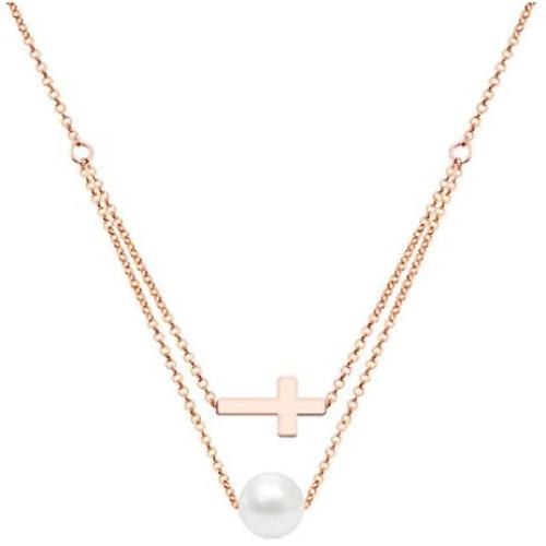 ZHQI Cross Pearl Choker Necklace 18K Rose Gold Plated Stainless Steel Simple Tiny Layered Chain Pendant