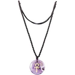 SUNYIK Egyptian Ankh Cross Engraved Round Stone Amulet Pendant Necklace, Adjustable Wave Necklaces for Unisex