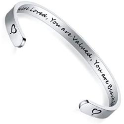 AryaHozel Inspirational Bracelet for Women Motivational Cuff Bangle Engraved Mantra Quote Stainless Steel Jewelry Personalized Gifts for Her Teen Girls Friendship Bracelet Birthday Graduation Presents