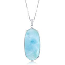 Large Long Hexagon-Shaped Caribbean Natural Larimar Gemstone Sterling Silver Pendant 18’’ Necklace Jewelry for Women or Teens