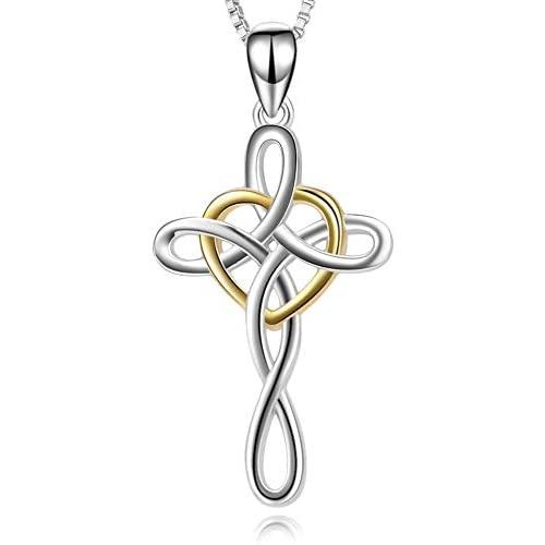 YFN Cross Necklace 925 Sterling Silver Celtic Knot Cross Infinity Heart Love Pendant Necklace 18''