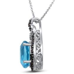 Jewelili Sterling Silver Blue Topaz Oval with Blue and White Diamond Knot Pendant Necklace, 18'' Rolo Chain