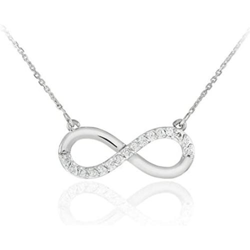 Fine 14k White Gold Infinity Polished Pendant Necklace with Diamonds